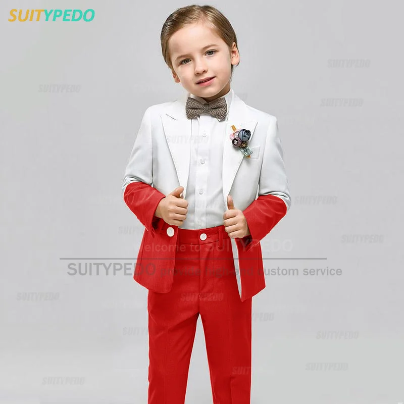 Fashion Red Boy Suit Set Formal Children Tuxedos for Prom Party Wedding Performance Tailor-made Casual Kids Blazer Pants 2 Piece