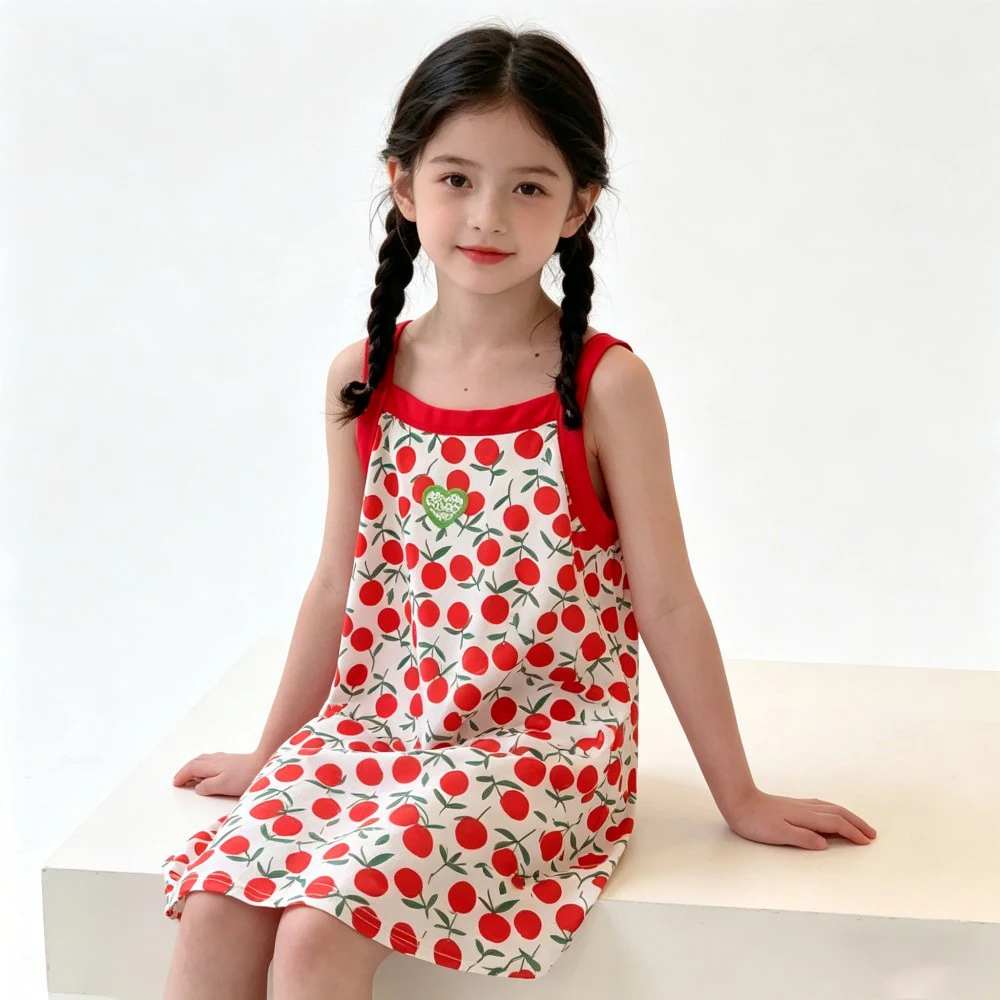 

New Summer Girls Dress Children Sleeveless Casual Clothing Teenage Girl Floral Print Fashion Cute Dreees Toddler Kids Nightdress