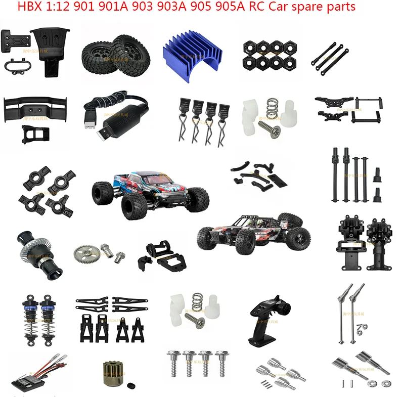 HBX 1:12 901 901A 903 903A 905 905A RCカー スペアパーツ タイロッド、シャーシ、タイヤ、ショックアブソーバー、スイングアーム、トランスミッションシャフト