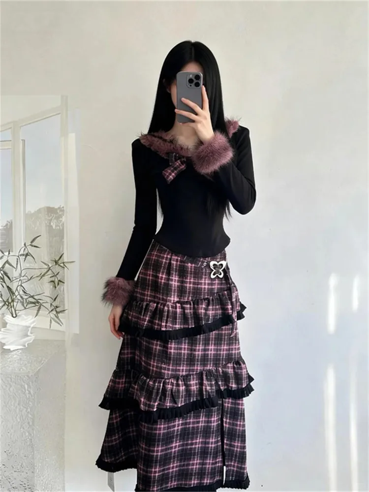 

Sweet And Cool Faion Set Women's Fur Collar Anti-Aging Top And Skirt Two-Piece Set Spring New Plaid Skirt Casual Sle