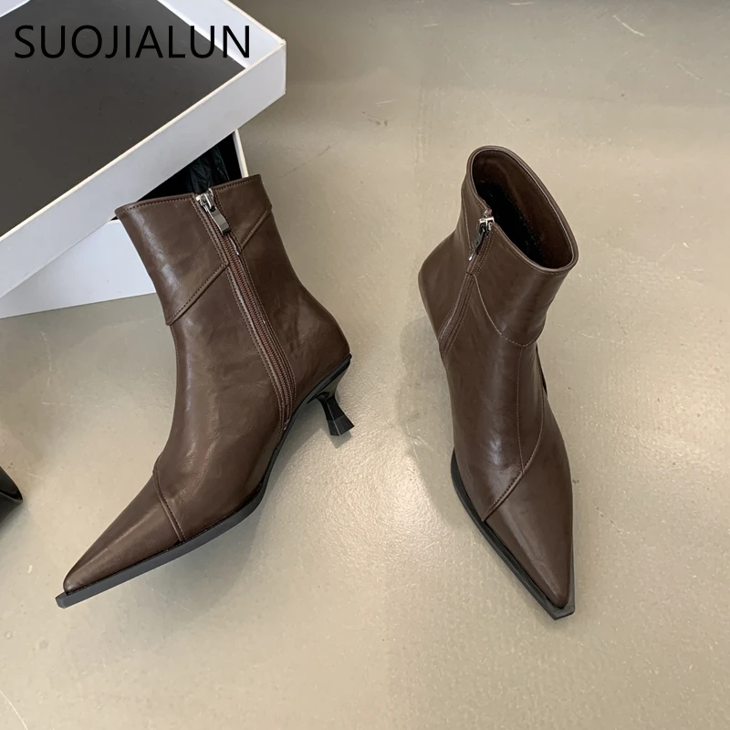 SUOJIALUN 2024 New Brand Women Short Boots Shoes Fashion Pointed Toe Ladies Elegant Ankle Boots Thin Med Heel Dress Pumps Shoes