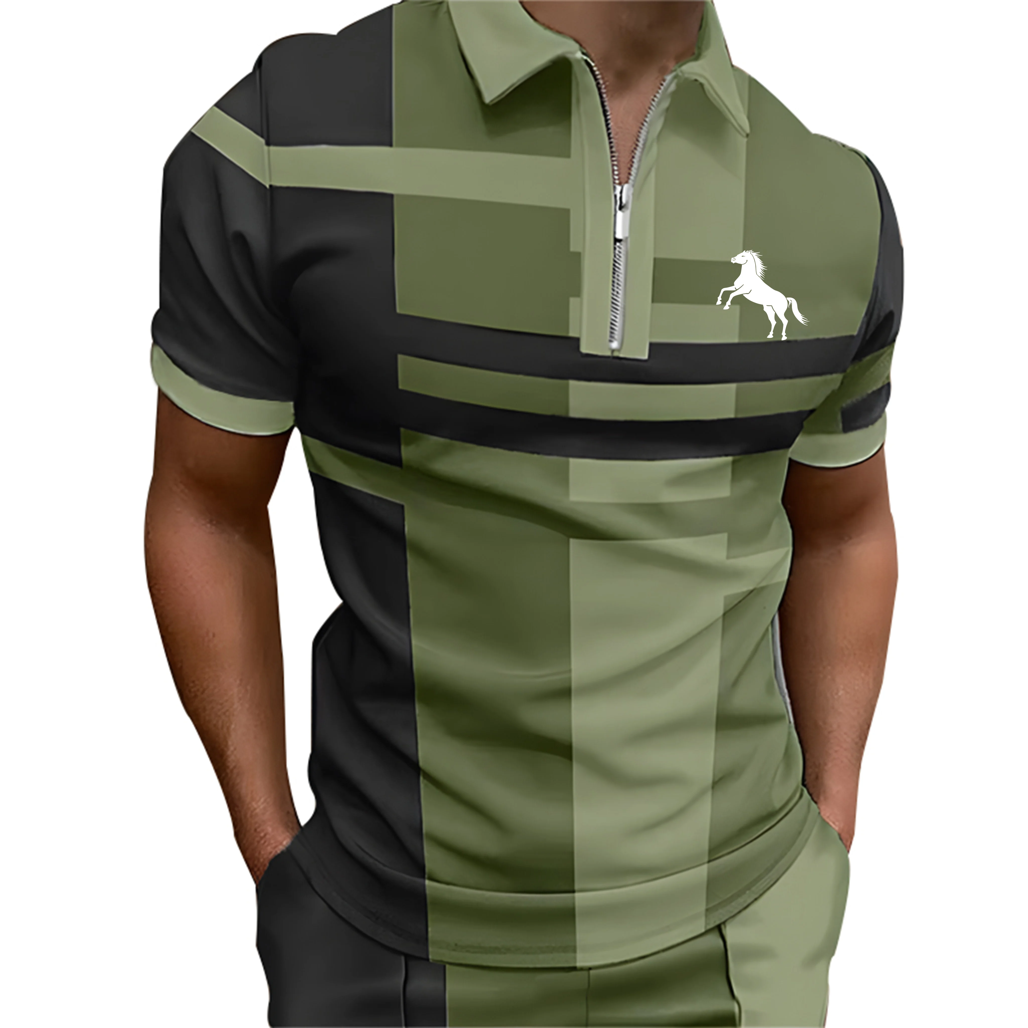Breathable Stretch Knit Short Sleeve Quarter Zip Tops For Men, Striped Panel Texture Golf Daily Wear Polo Shirts