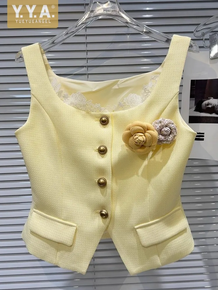 2025 Summer Womens New Style Elegant Sweet Chest Flower Vests Lace Collar Edge Single Breasted O-Neck Fashion Tank Top Hot Sale