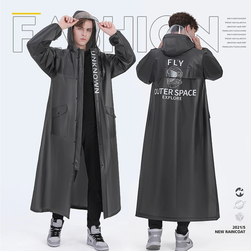 EVA Thickened Men\'s Raincoat Fashion Long Waterproof Hooded Rain Poncho Black Men and Women Universal Motorcycle Raincoat Jacket