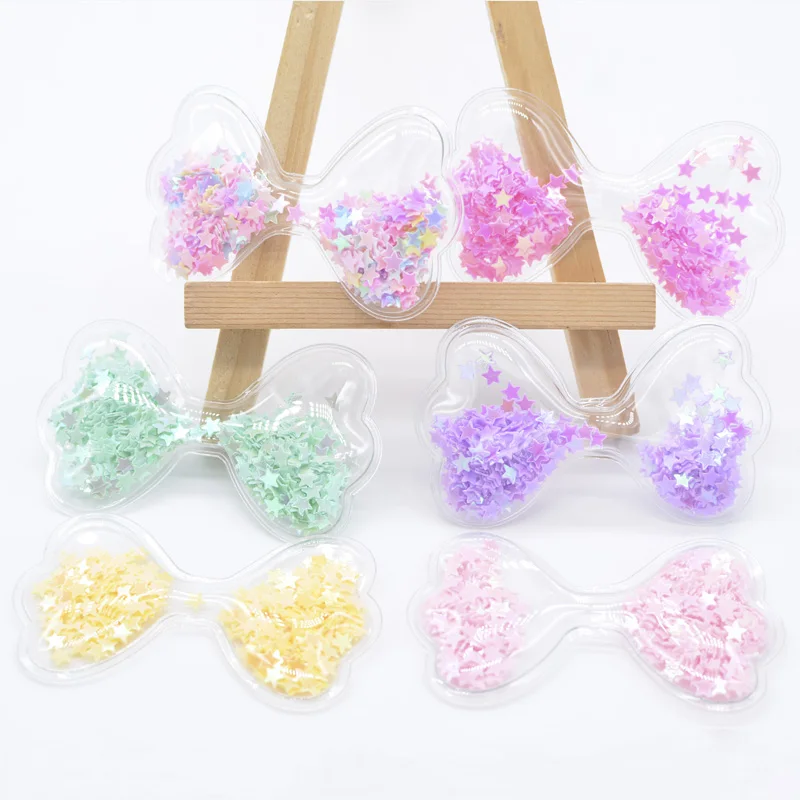 12Pcs 62*36mm Bow Tie Transparent Plastic Filling Sequin Appliques for DIY Crafts Hat Patches Headwear Hair Clips Decor