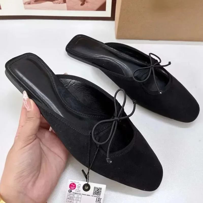 

2025 Summer Slingbacks Flat Ladies Designer Sandals Versatile Bow Suqare Toe Casual Light Slip-on Brand Chic Women Mules Shoes
