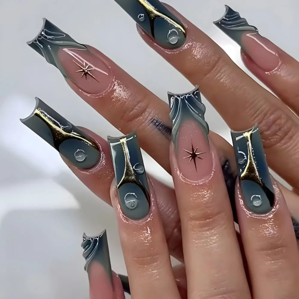 Retro 3D Unhas Postiças Com Folha De Ouro Padrão Barroco, Wearable Unhas Dicas, Azul Francês Caixão, Design De Capa Completa, 24PCs