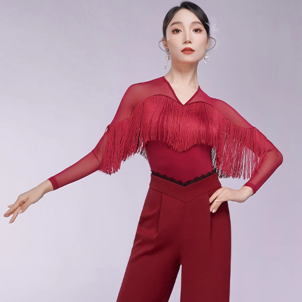 

New Latin Dance Western Style Purple Dancing Suit Top Ebony Red Slim-Fit Women's Long-Sleeved 2025 V-Neck Rumba Jumpsuit