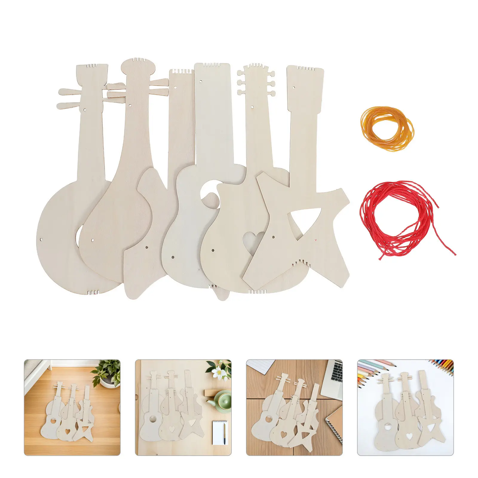 

6Pcs Unfinished Wood Guitar Cutouts for Kids DIY Craft Kit Natural Blank Musical Instrument for Painting Classroom Art Supplies