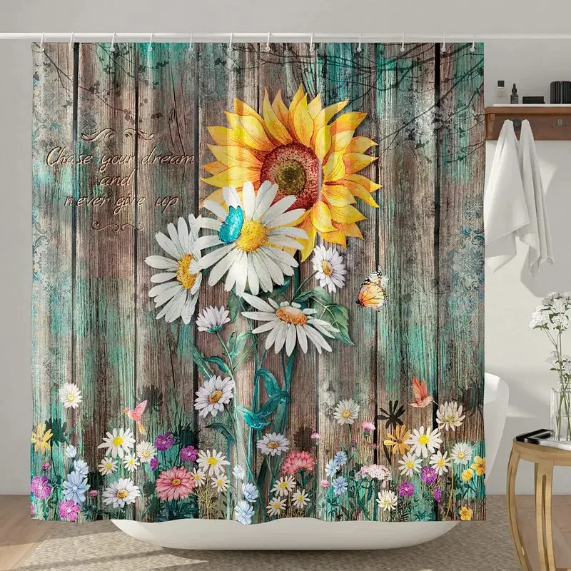 

ZYQ01Rustic Shower Curtain Set Grey Floral Fabric Bath Curtain Butterfly Daisy American Country Farm Style Bathroom Decor wi6Bn%