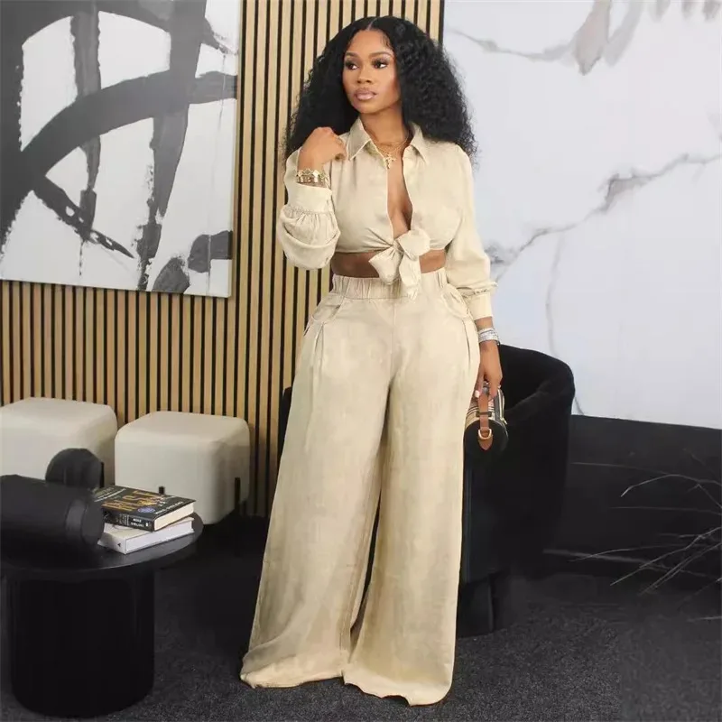 أطقم ملابس فضفاضة تناسب ملابس الشارع للنساء مكونة من قطعتين قميص علوي برباط لحفلات النادي وسراويل واسعة الساق أنيقة