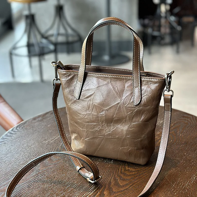 Original Design Japanese First-layer Cowhide Handbag, Solid Color Pleated Pattern Retro Small Bag, Genuine Leather Women's