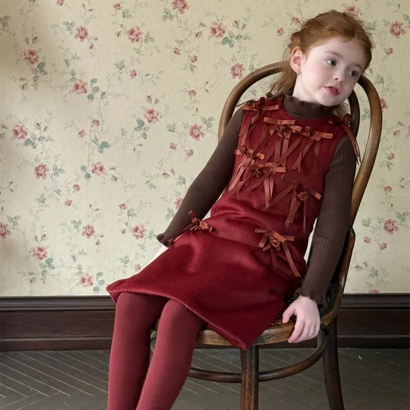 

Merry Christmas Kids Girl Red Dress Winter Bow Appliques Thicken Toddler Girls Knee Length Skirt Sleeless Little Girl Wool Dress