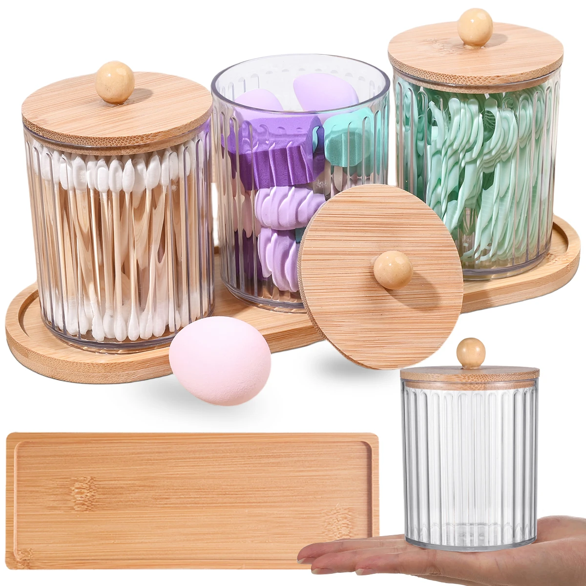 3pcs Bathroom Jars with Wooden Tray Qtip Cotton Swabs Round Pads Holder Dispenser Clear PET Cotton Balls Storage Container