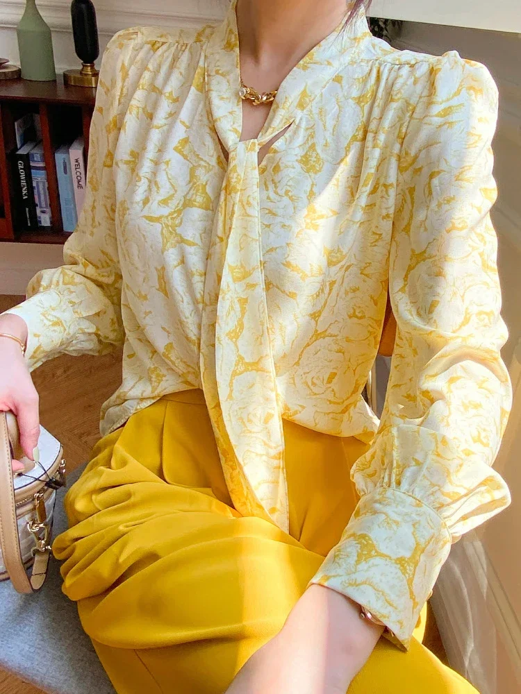 GypsyLady Elegant Chic Yellow Blouse Shirt Floral Lace Tie Up Spring Autumn Women Blouse Long Sleeve Office Ladies Floral Tops