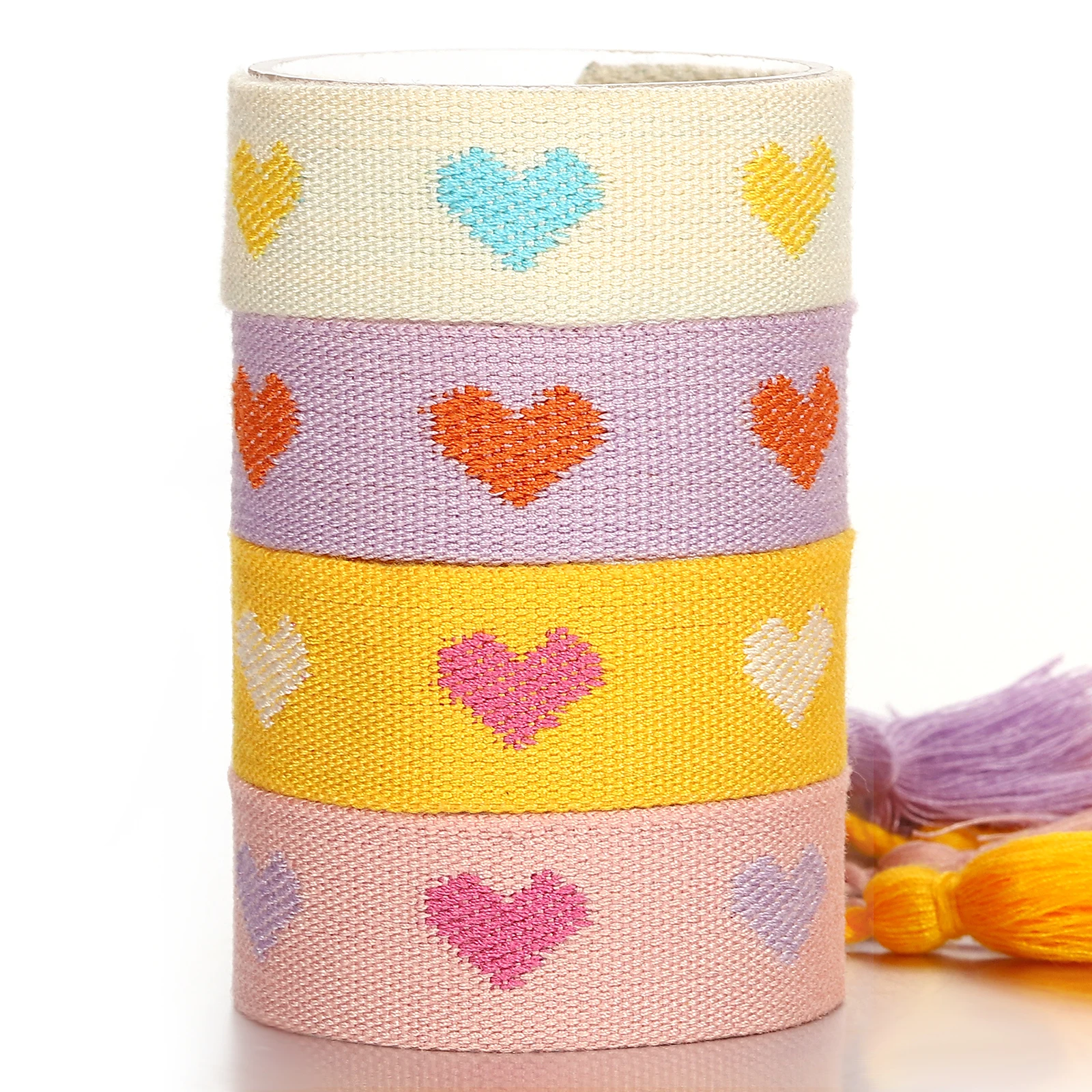 Lifefontier Valentine's Day Embroidered Wristband Bracelet Bangle Colorful Heart Knitting Tassel Wome's Girls Friendship Gifts