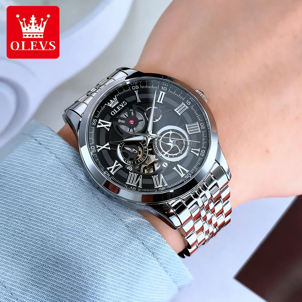 OLEVS Trend Fashion Men Watches Fine Steel Hollow Out Self-winding Flywheel Automatic Mechanical Wristwatch Waterproof Luminous