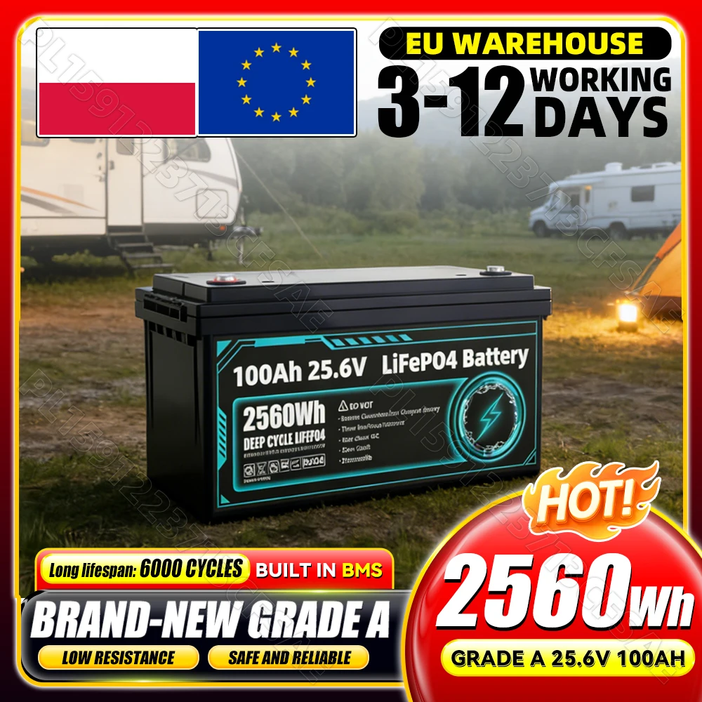 Batteria Lifepo4 24V 100Ah, 6000+ cicli, cella al litio ferro fosfato, BMS integrato da 100A per barche, campeggio, golf cart, spedizione rapida da magazzino locale in UE