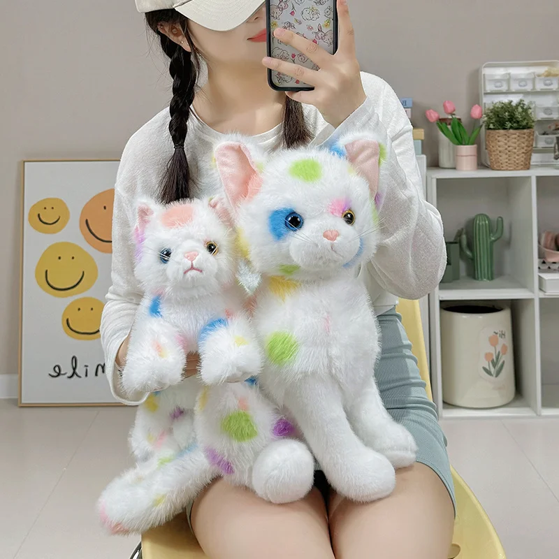 Peluche de chat aux couleurs de l'arc-en-ciel Devon Rex pour fille, jouet de simulation, doux au beurre, animal en peluche, modèle de dessin animé, chaton, oreiller pour bébé, joli cadeau