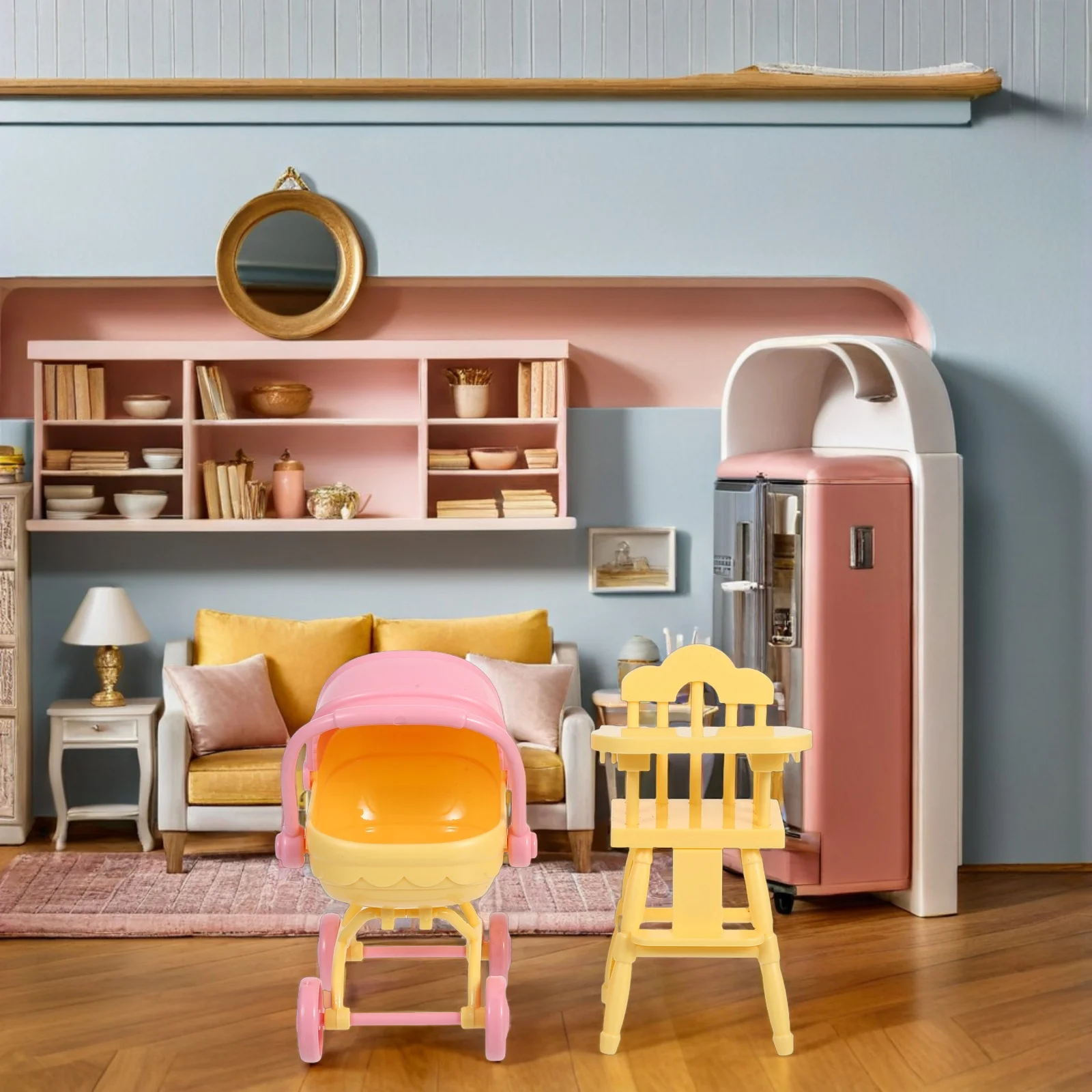 1 Juego de Mini cochecito para casa de muñecas, trona para bebé, pequeños muebles de plástico para guardería, juego de simulación, accesorios realistas para niños