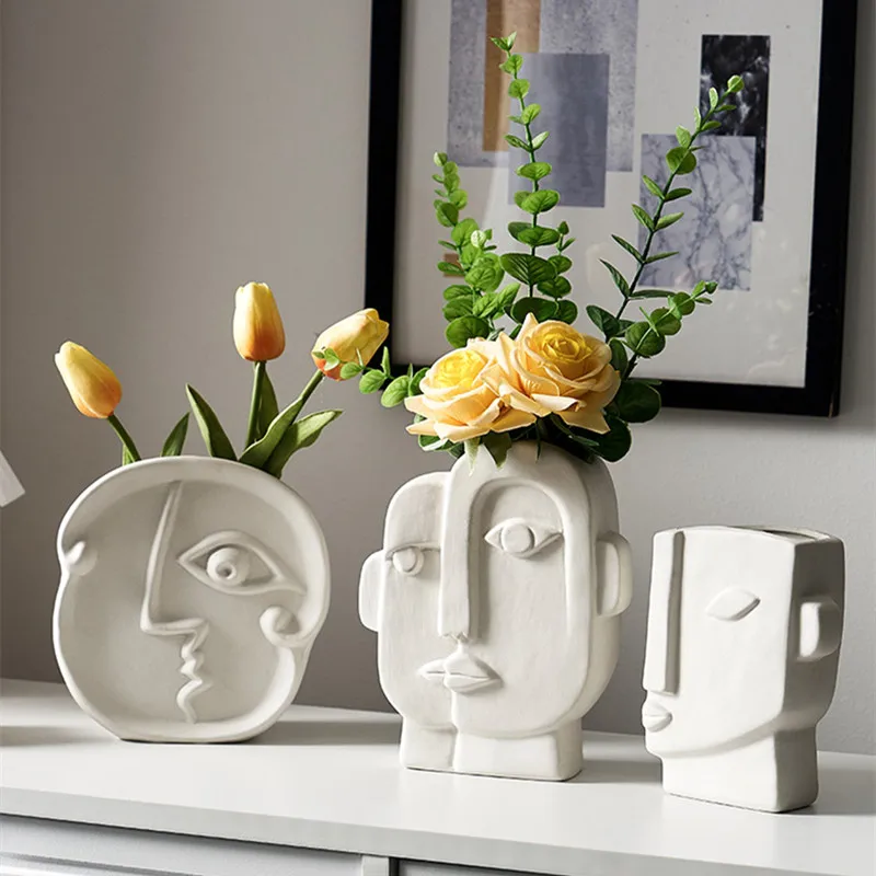 Nordic Abstract Human Face Vase Porcelain Flower Vase Home Decor Living Room Flowerpots Head Sculpture Decoration Ornaments