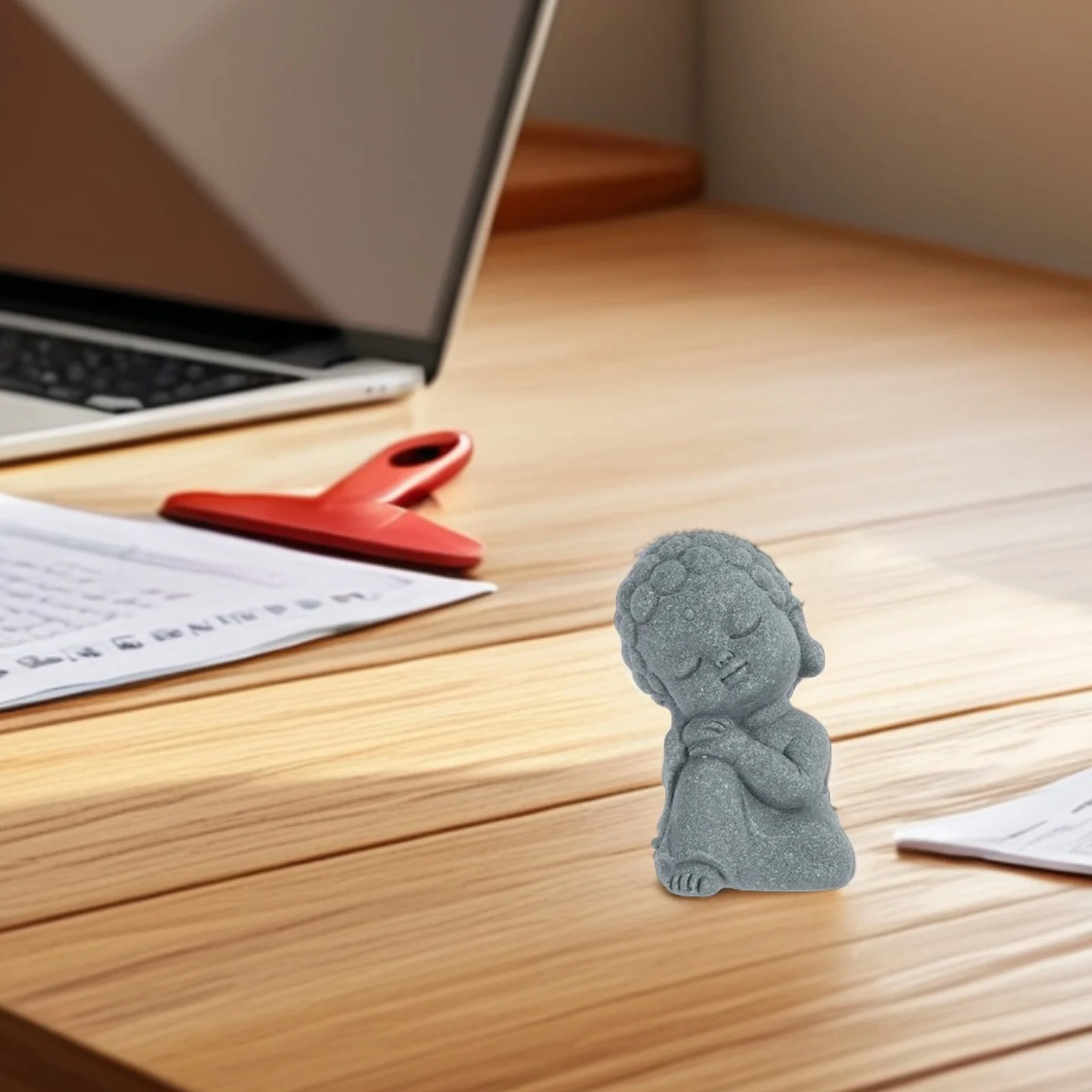 Mini Buddha Statue Natural Sandstone Sitting Zen Monk Praying Sculpture Ornament for Wealth Good Luck Home Decor