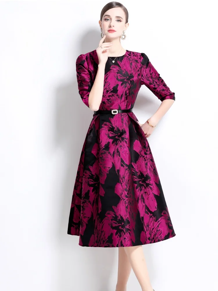 New Spring  French Temperament Elegant Jacquard Exquisite Dress Women's O-Neck Half Sleeve Slim Waist Dresses