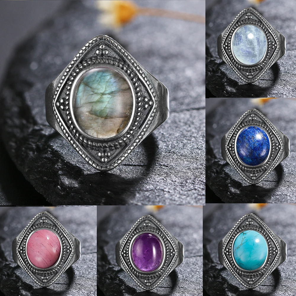 

Natural Labradorite Amethyst Vintage Ring for Women 925 Sterling Silver Ring Jewelry Wedding Party Anniversary Gift Accessories