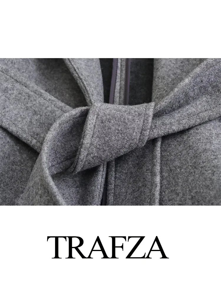 TRAFZA Women Fashion Solid Color Long Sleeve Belt Pockets Hooded Decorate Straight Overcoats Female Chic Warm Slim Seam Coats