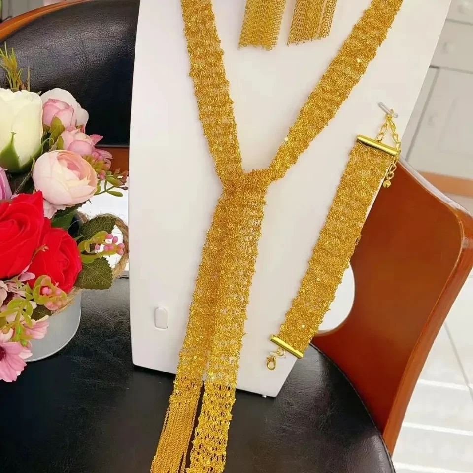 2023 New 24K Gold Plating Dubai Jewelry Bridal Tassel Necklace Earrings For Women's Party Accessories 0008