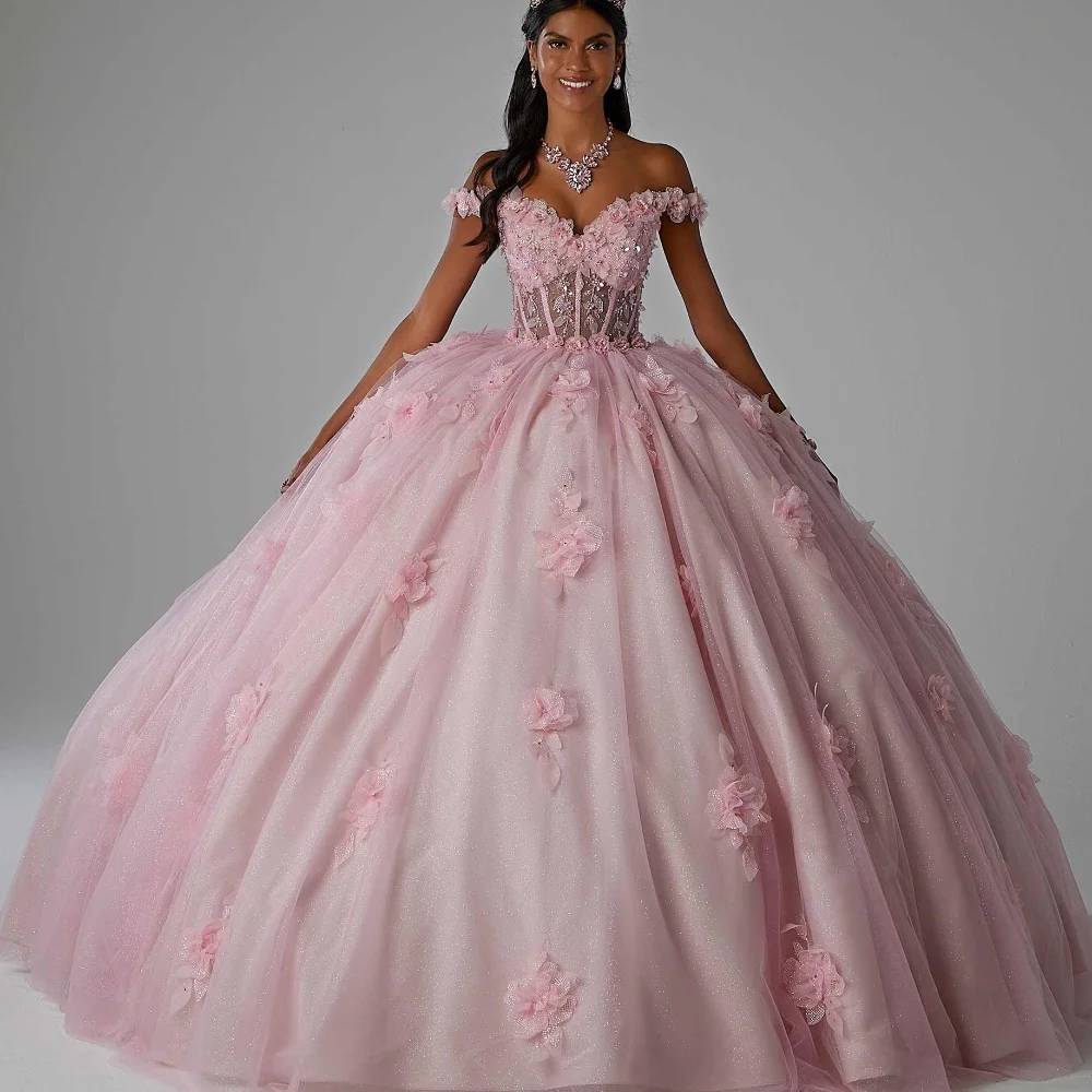 

EVLAST Pink Sweetheart Off Shoulder Quinceanera Dress 3D Flower Appliques Lace Prom Ball Gown Vestidos De Party Dresses TQD081