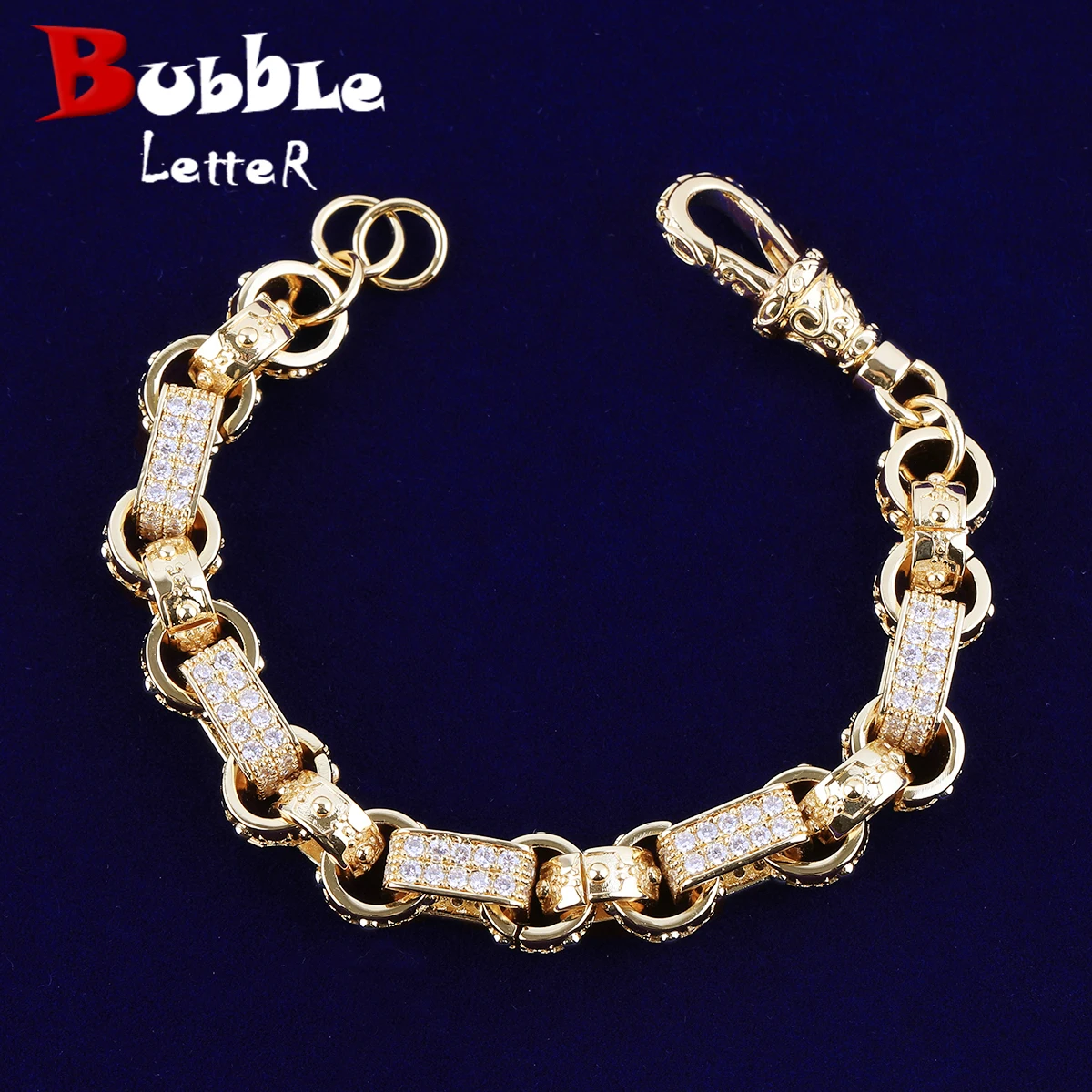 Bubble Letter Iced Out GYSPY Belcher Bracelet for Men Prong Setting Albert Clasp Hip Hop Jewelry