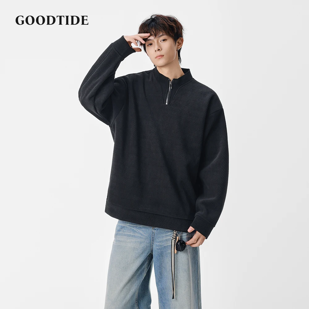 

Fashion Men's Casual Quarter Zip Sweatshirt 2025 Winter New Textured Pattern Stand Collar Design Loose Fit Daily Wear Top