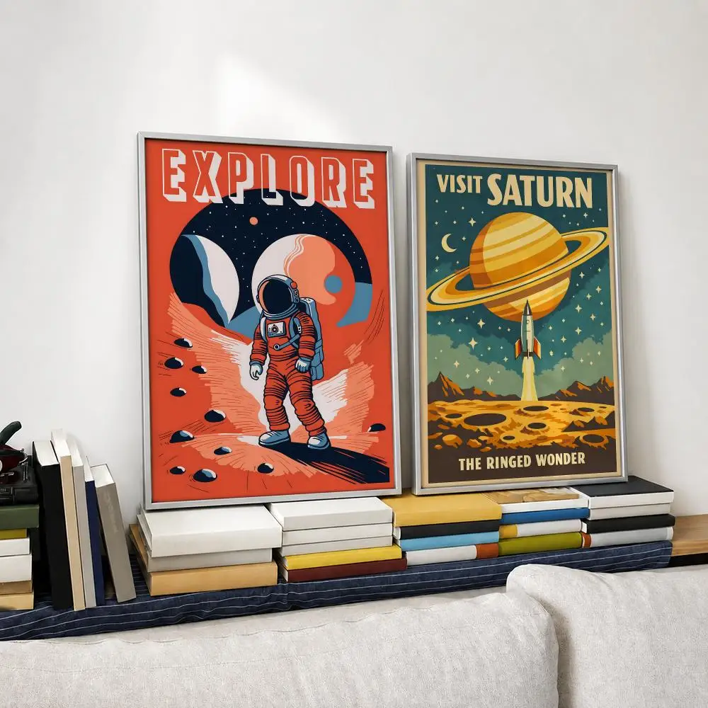 Retro Solar System Planet Space Astronaut Poster Self‑Adhesive Waterproof  Coffee House Bar Wall Art Sticker Room Home Decor