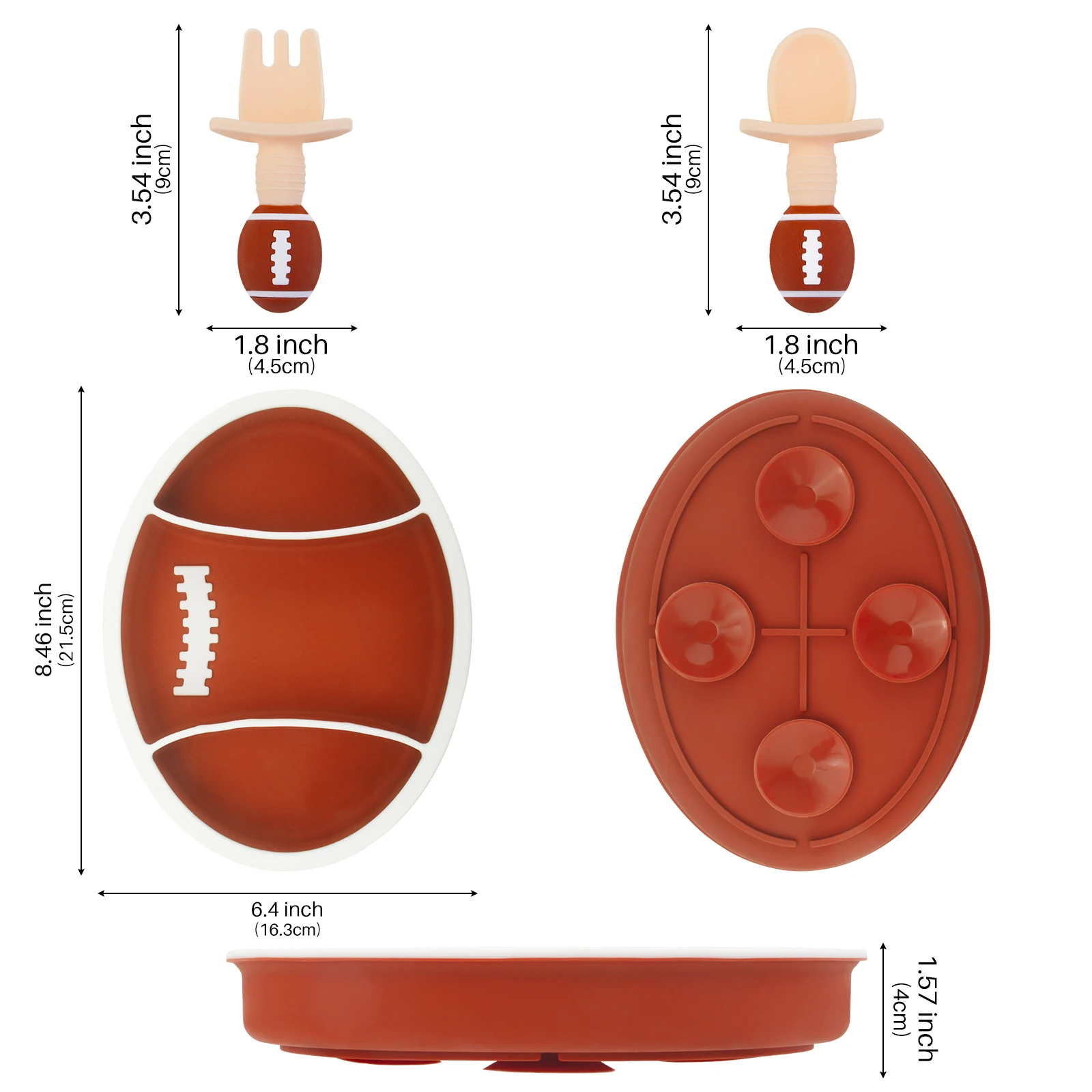 Rugby Silicone Toddler Plates Set Divided Suction Dish with Spoon and Fork for Baby Self Feeding Dishwasher and Microwave