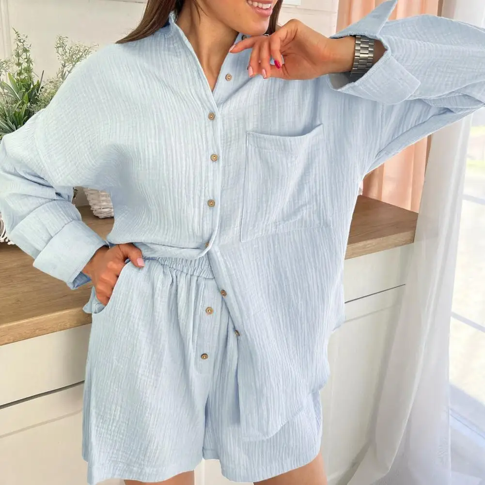 Women Summer Shorts Outfits Pyjamas 2 Piece Short Sleeve Lapel Tops with Elastic Waist Shorts Cute