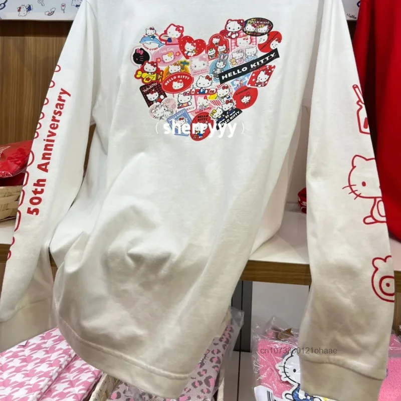 Sanrio Hello Kitty Pure Cotton New Long Sleeved Tees Cute Cartoon Print Round Neck T-shirt Japanese Style Casual Loose Trend Top