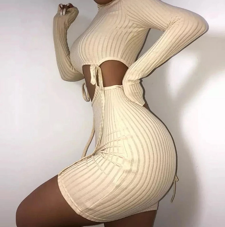 Skirt Set for Women 2024 Summer Solid Color Round Neck Long Sleeved Sexy Hollow Out Slim Fit Bag Buttocks Two-Piece Set