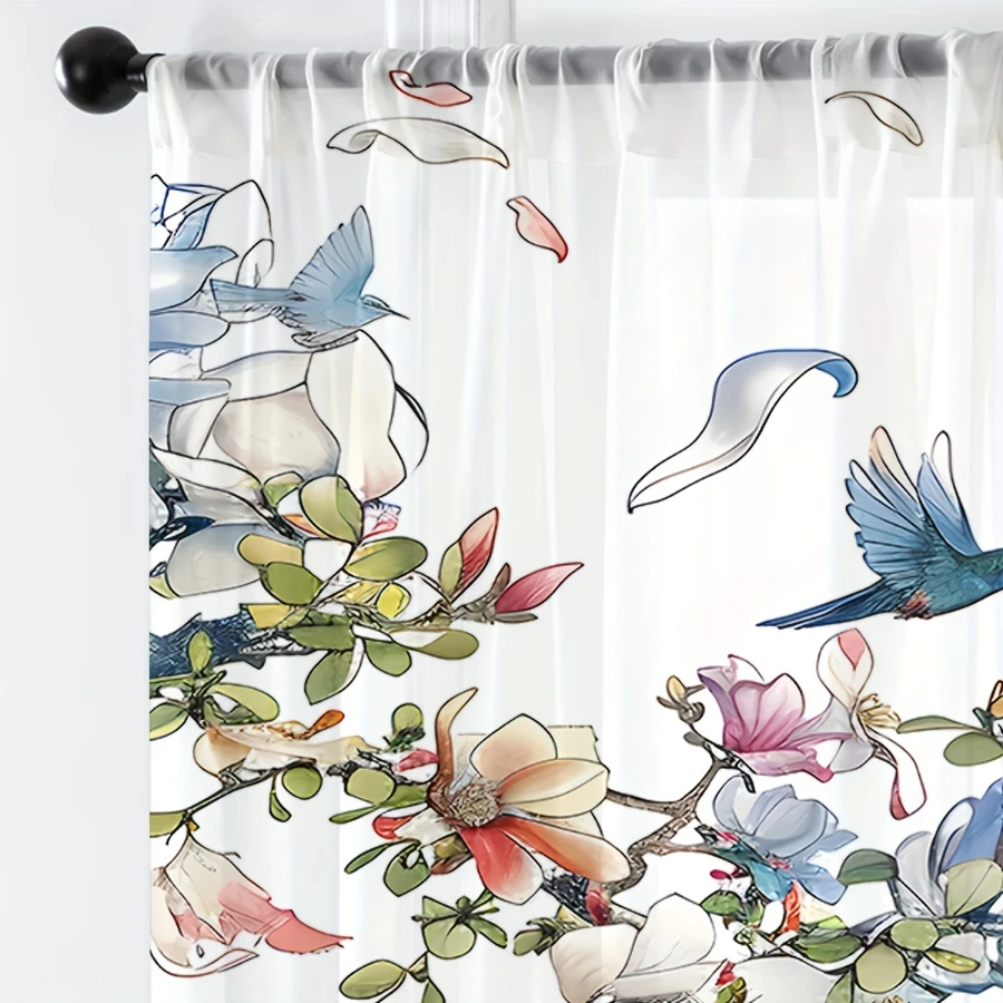 2PCS Digital Print Sheer Curtains, Flower Shadow Bird Pattern, Chinese Bird Flower Style for Living Room Bedroom Window Decor - view 3