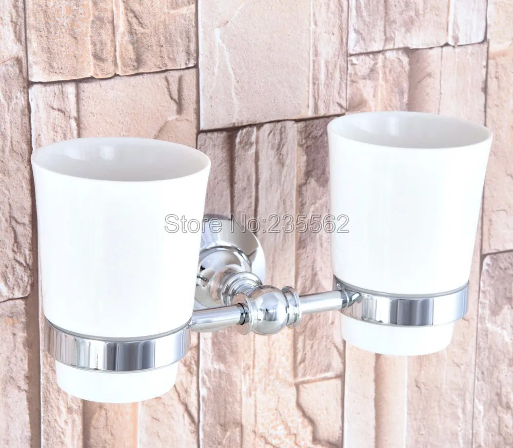 

Polished Chrome Brass Tumbler Holders Double Ceramic Cup Holders Wall-mount Toothbrush Holders Bathroom Accessories Lba798