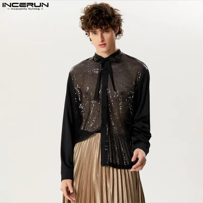 2024 Men Shirt\'s Sparkling Sequins Lapel Lace Up Long Sleeve Casual Men Clothing Streetwear Fashion Party Shirts S-5XL INCERUN