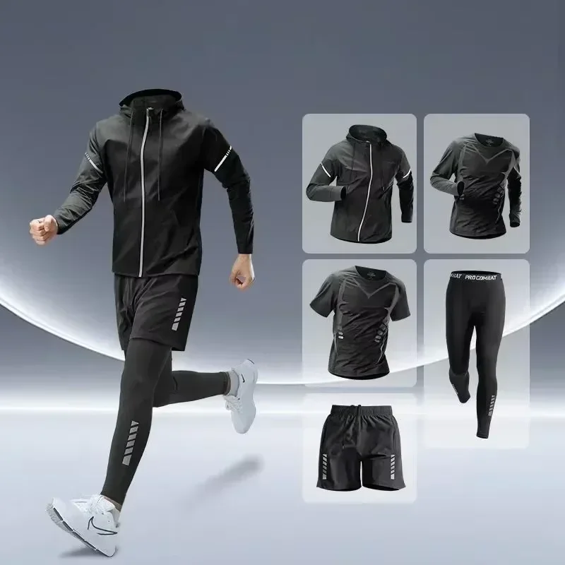 

2025Men's 5 piece running suit, complete training suit, sports tight-fitting suit, gym running daily, anti-friction lightweight