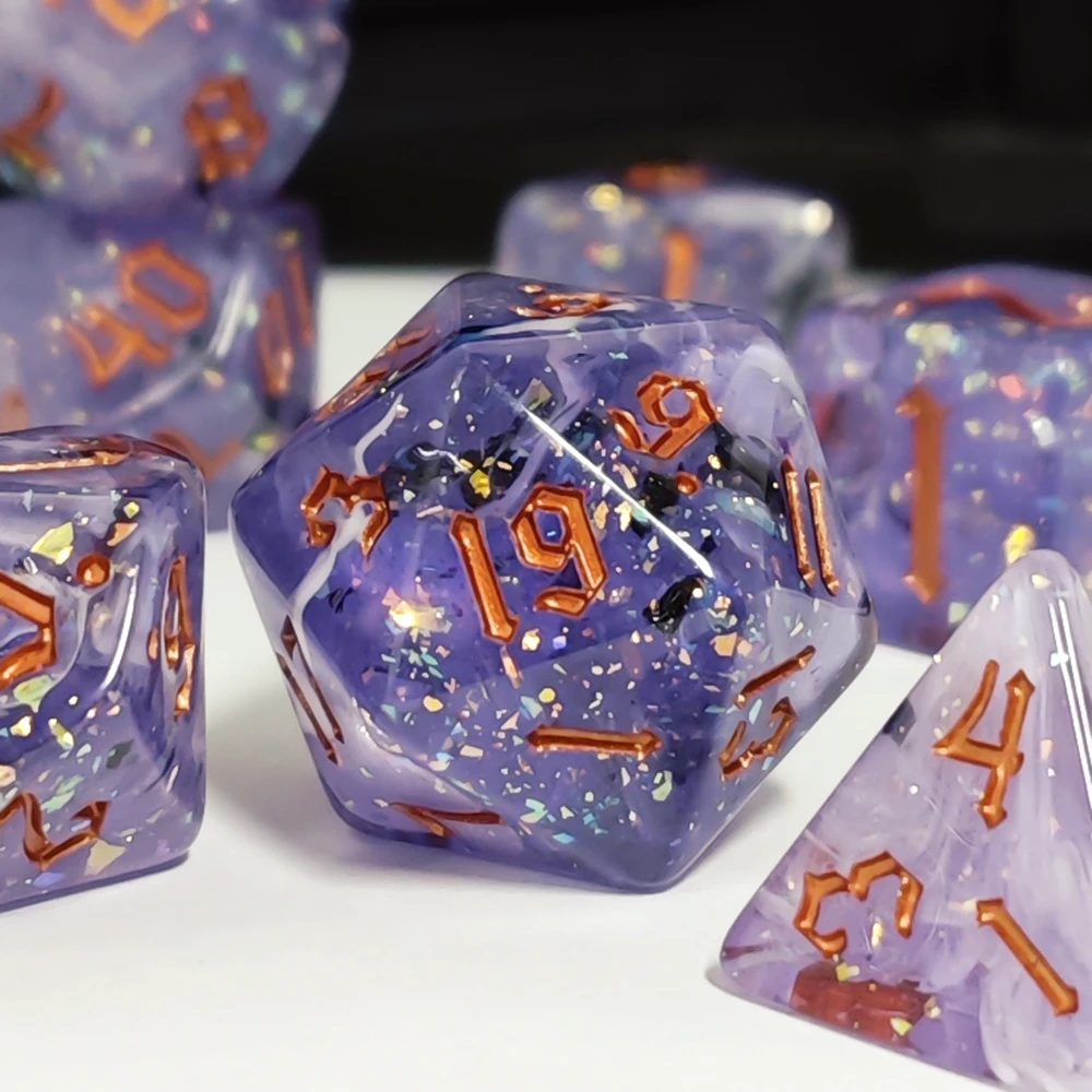 Glittery Purple Swirl with Obsidian Flakes Resin Dice Set Board Games DND RPG MTG Role-playing Dice Set 7Pcs/set Digital Dice view 3