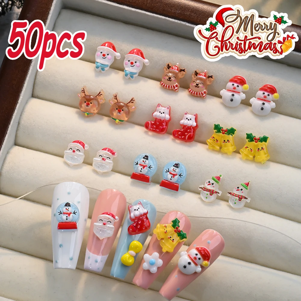 50Pcs 3D New Christmas Cartoon Snowman Santa Claus Nail Charms Resin Cute Bell Creative Socks Olaf-Crystal Ball Nail Decorations
