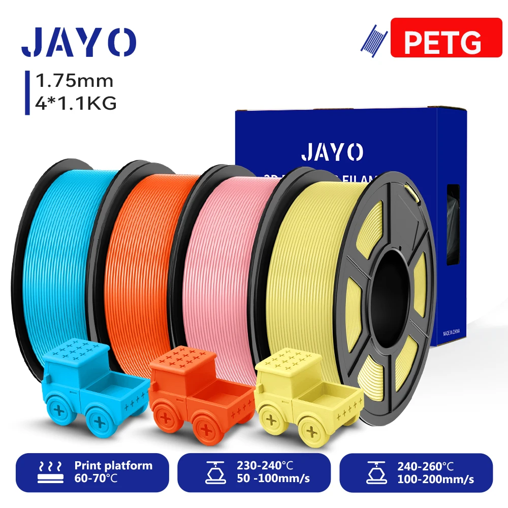 JAYO 4 Rollen 3D PETG/PETG klares Druckerfilament 1,75 mm, ordentlich gewickelt, ungiftige 3D-Druckmaterialien für 99 % FDM-3D-Drucker und -Stifte