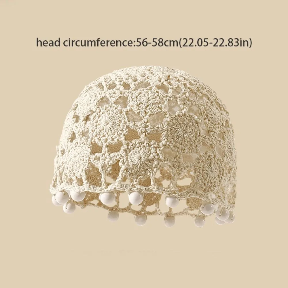 Vintage Sweet Crochet Hollow Knitted Hat Flower Beads Tassels Ethnic Style Hat Bohemian Style Hollow Out Weave Cap Outdoor