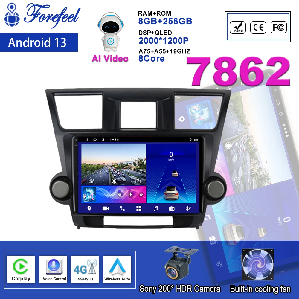 

Car Android 13 For TOYOTA Highlander 2009 2010 2011 2012 2013 2014 Multimedia Head Unit Navigation GPS Radio Player DVD Dash Cam