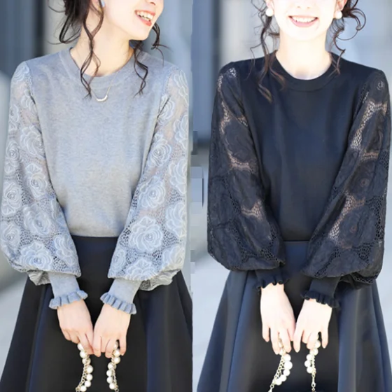 

Long Sve Knitted Sweater Patchwork Trendy Autumn Winter Women's Faion Base Layer Fake Two-Piece Top Breathable Moisture-...