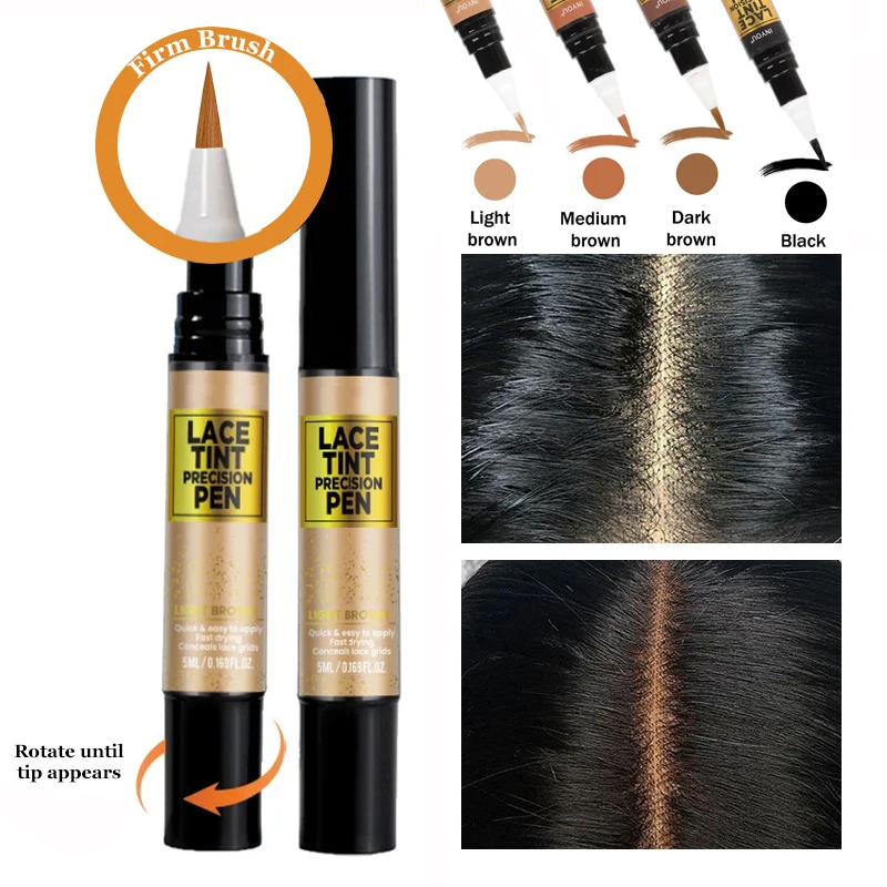 

Тинт-карандаш для кружевных париков Lace Tint Pen, черный, средний, темно-коричневый, светло-коричневый, 5 мл, 0.17 унции - Тинт для кружевных париков с аппликатором-кистью