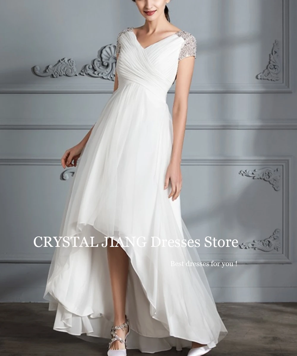 Classy Long Wedding Dresses V Neck Tulle with Short Sleeves Asymmetrical Vestido De Casamento Floor Length Dress